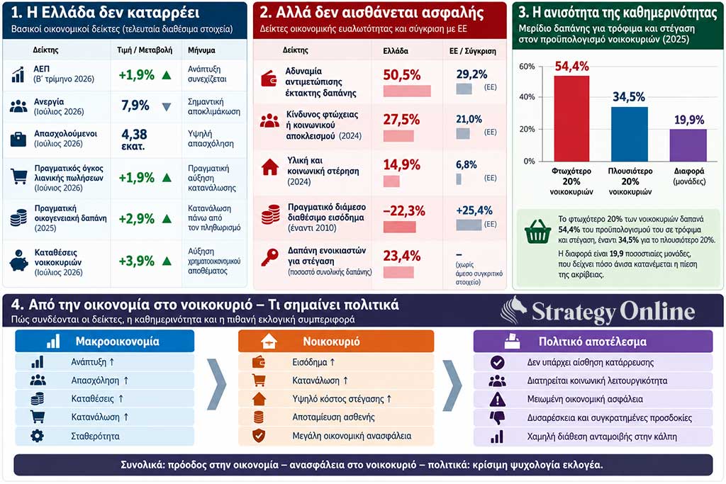 Αν αφήσουμε στην άκρη δημοσκοπήσεις και κομματικά αφηγήματα και μετρήσουμε τι πραγματικά κάνει ο Έλληνας με τα χρήματά του, προκύπτει μια χώρα που δεν καταρρέει, αλλά ούτε αισθάνεται ότι ευημερεί
